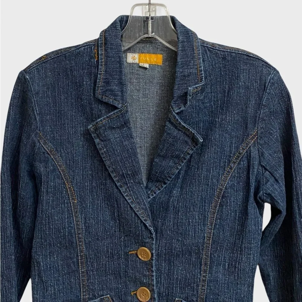 Tulle Women's Three-Button Denim Jacket Sz L Fitted Pockets Retro Chic Coquette